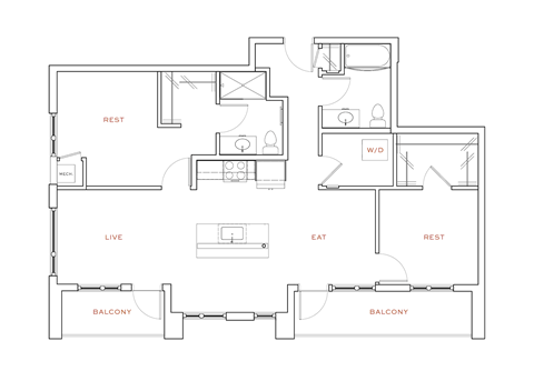 Floor plan for 2 beds, 2 baths, 1064 sqft